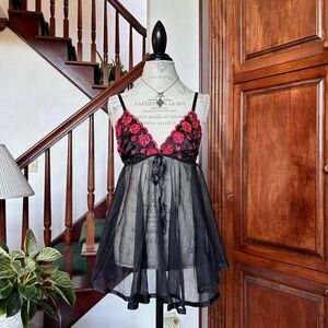 Secret Black Red Pink Rose Babydoll Teddy Lingerie Vintage